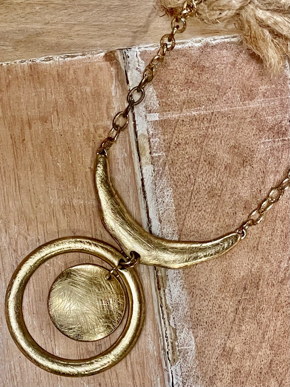 Textured Gold Crescent & Double Circle Pendant Necklace - Women Jewelry